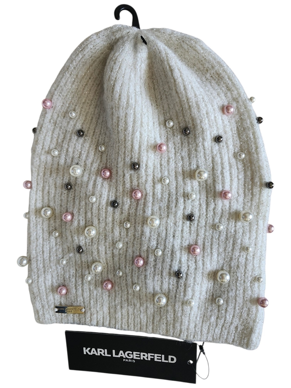 Karl Lagerfeld Paris NWT Ivory/Cream Ribbed Knit Beanie w/ Pearl Accents Ret $68